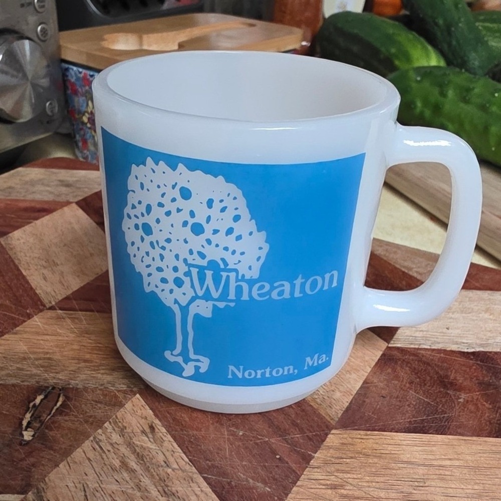 Glasbake Wheaton College Norton MA Milk Glass Mug White Blue Tree Logo